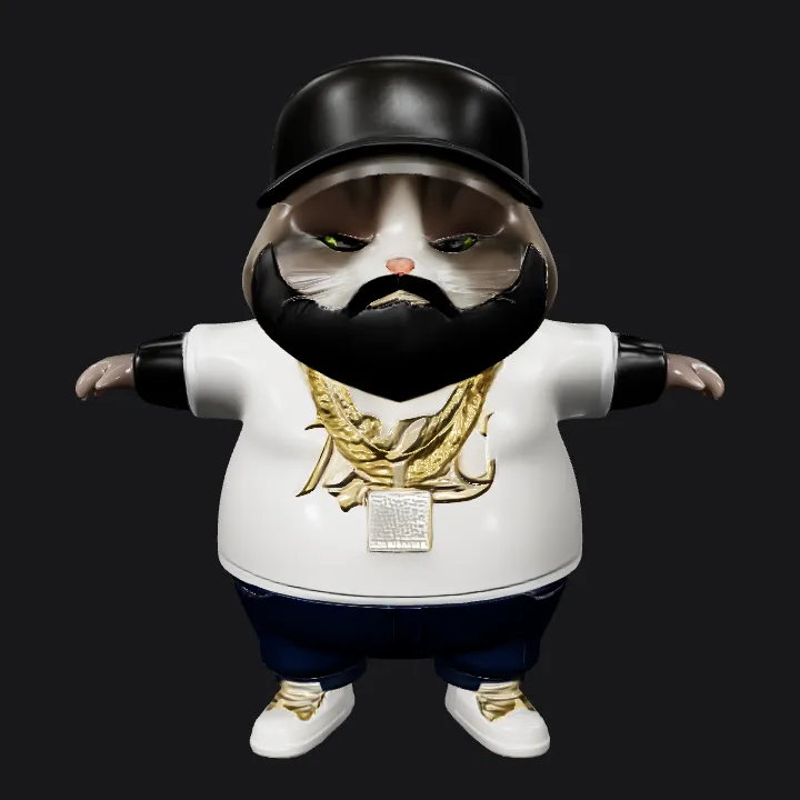 Cartoon figure in streetwear and gold chains. smooth edges, complex geometry, game-ready, character, symmetric geometry.