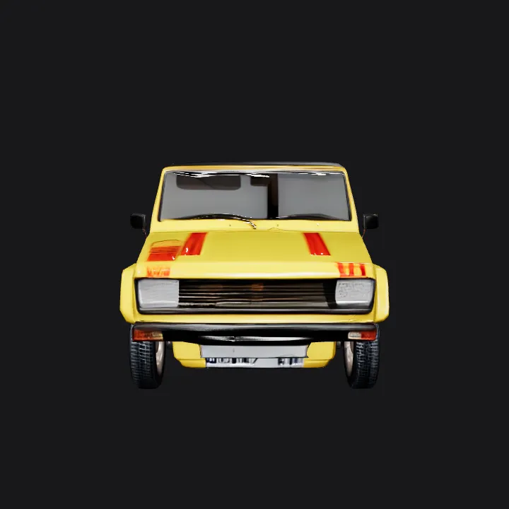 Yellow vintage convertible car, rear view. sharp edges, simple geometry, game-ready, symmetric geometry.