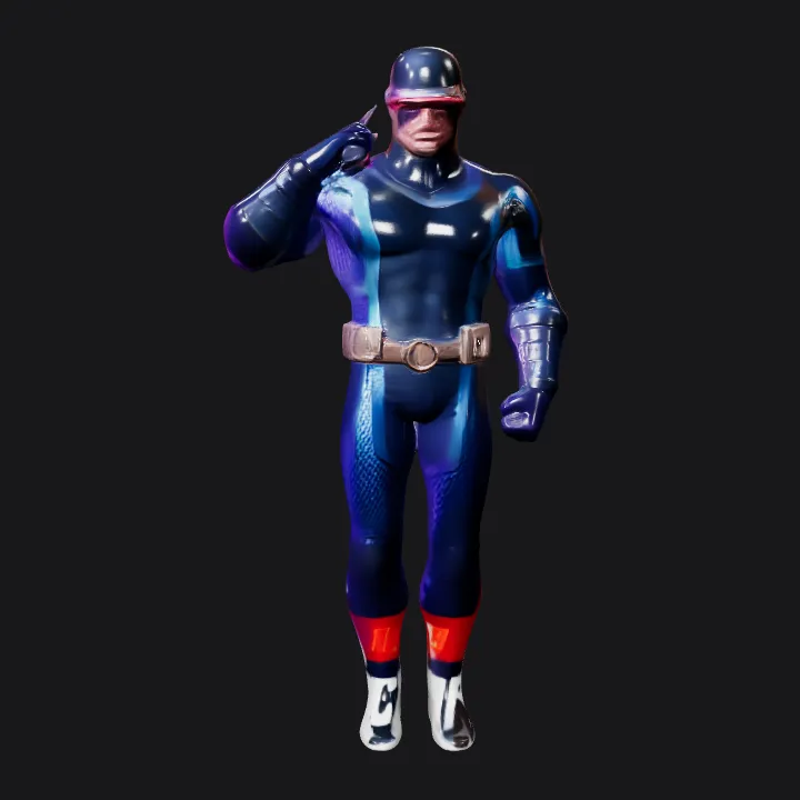 Futuristic superhero in blue suit. smooth edges, complex geometry, game-ready, character.