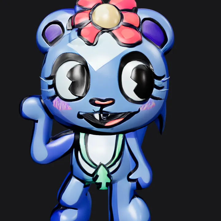 Blue cartoon squirrel with pink flower. smooth edges, simple geometry, game-ready, character.