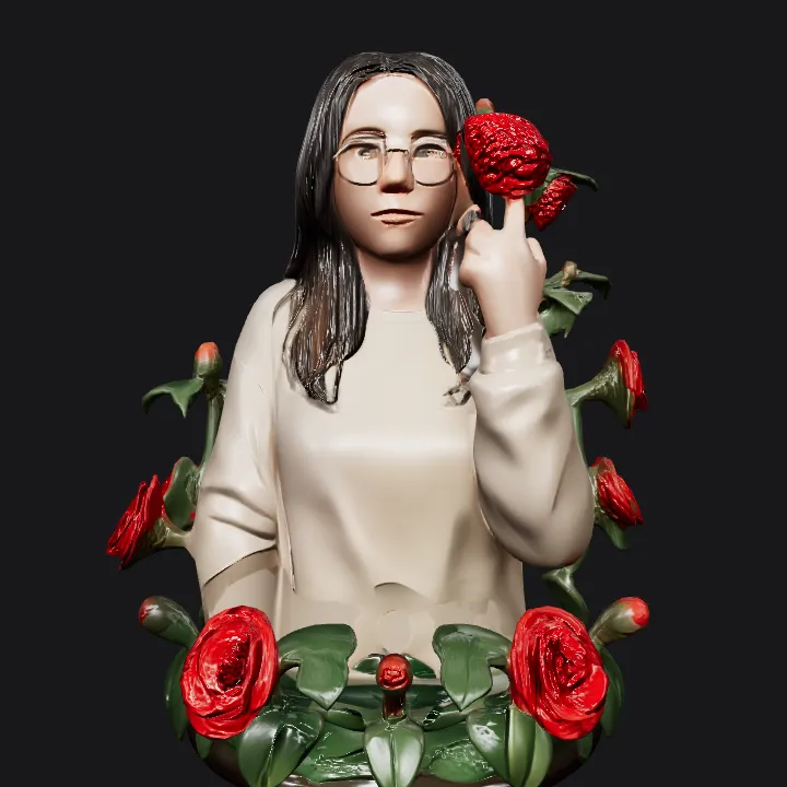 Bust statue of woman with roses. complex geometry, character.