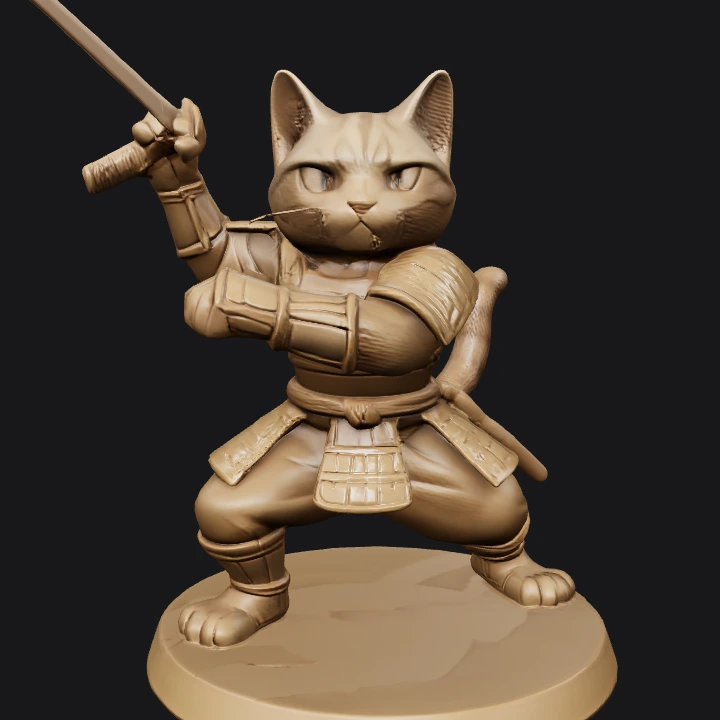 samurai cat figurine holding a sword. complex geometry, sharp edges, game-ready, character.