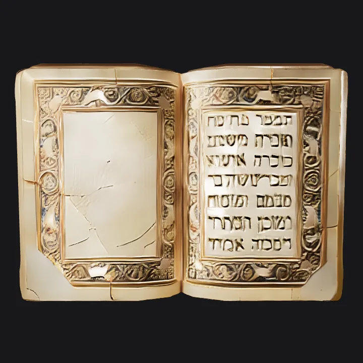 Ornate open Hebrew book on wooden table. sharp edges, complex geometry, symmetric geometry.