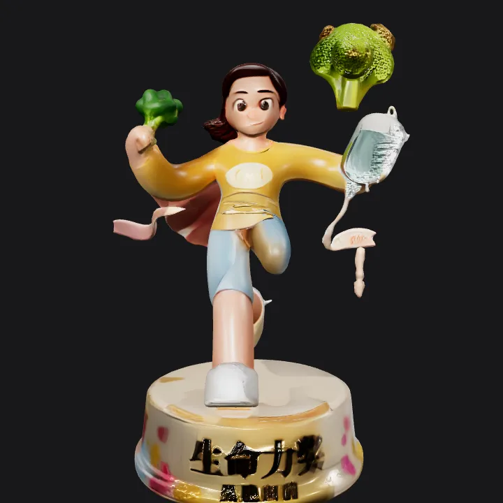 Cartoon girl running holding broccoli. smooth edges, simple geometry, character.