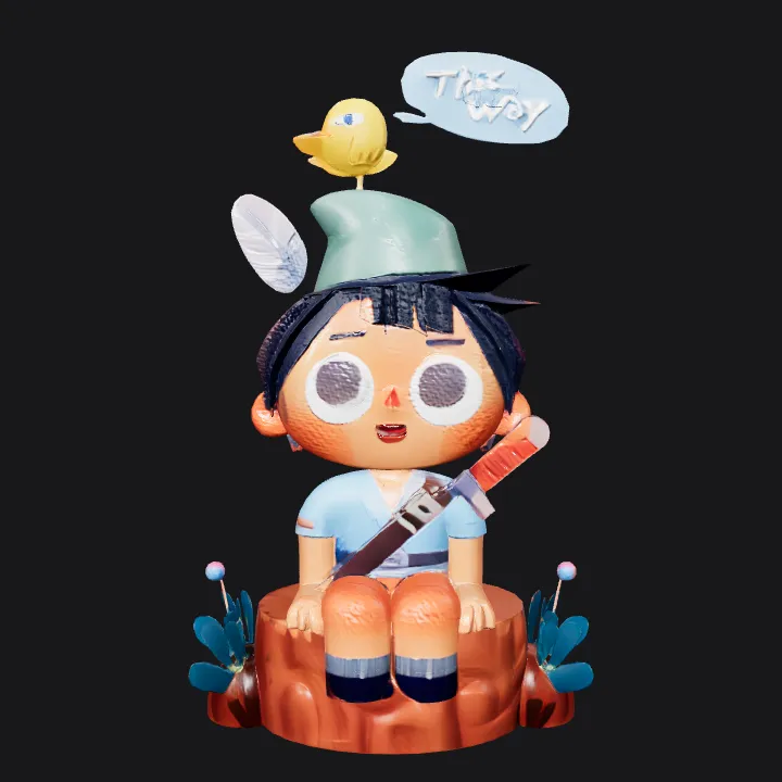 Child sitting on a tree stump outdoors. smooth edges, complex geometry, character.