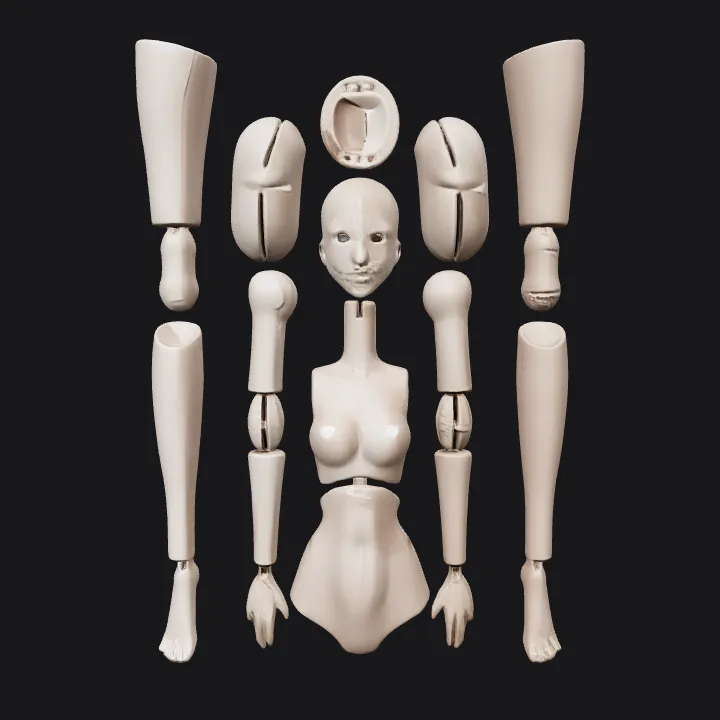 Disassembled human-like figure doll parts. smooth edges, simple geometry, game-ready, character, symmetric geometry.