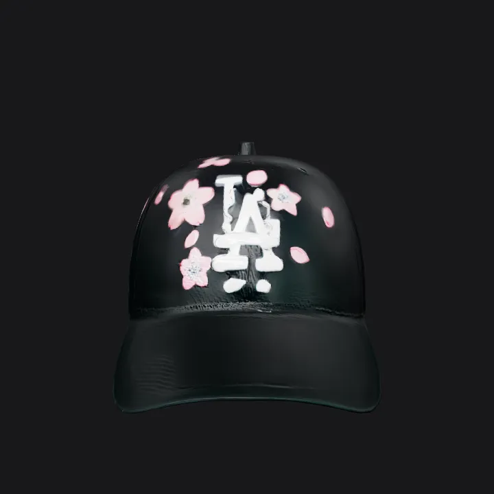 Black LA baseball cap with cherry blossom design. smooth edges, simple geometry.