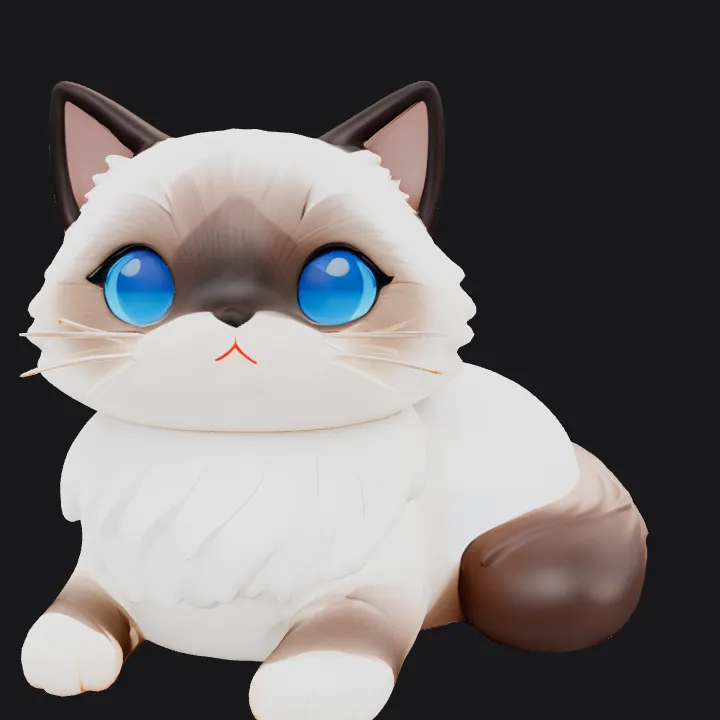 Cute cartoon cat figure with blue eyes. smooth edges, simple geometry, game-ready, character, symmetric geometry.