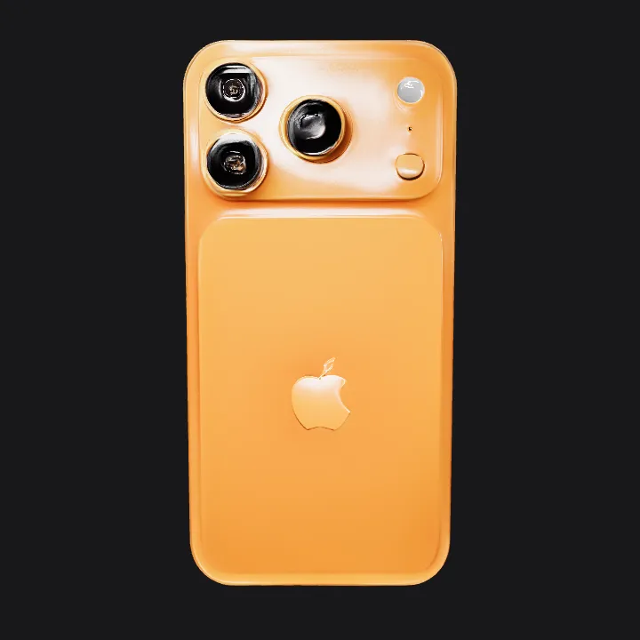 Orange iPhone with three cameras. smooth edges, simple geometry, game-ready.