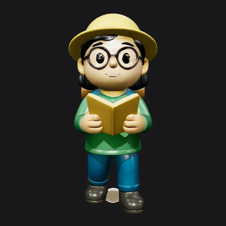 Cartoon hiker with backpack and hat. smooth edges, simple geometry, game-ready, character, symmetric geometry.