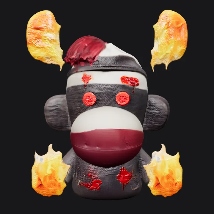 Sock monkey plush with red eyes and flames. smooth edges, simple geometry, character, symmetric geometry.