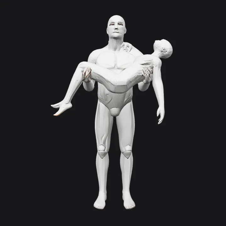 Man holding woman in arms sculpture. sharp edges, complex geometry, character.