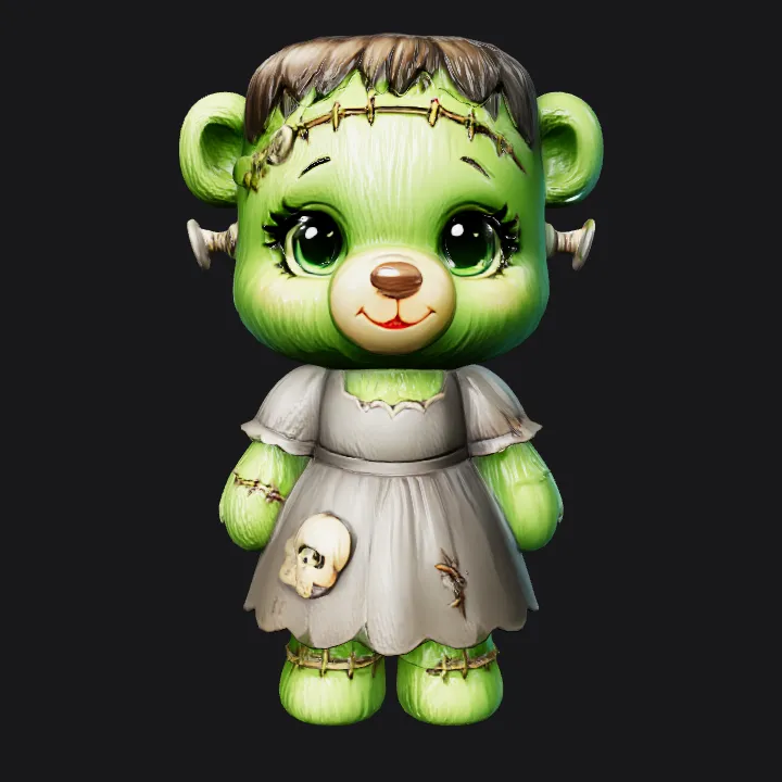 Cartoon green monster with stitched clothes. smooth edges, simple geometry, game-ready, character, symmetric geometry.