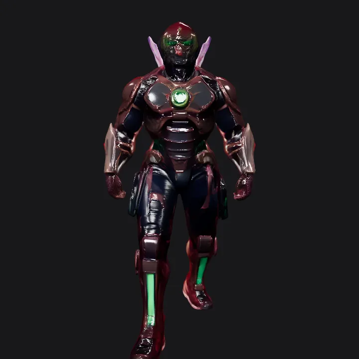 Armored sci-fi warrior with glowing purple energy. sharp edges, complex geometry, game-ready, character.