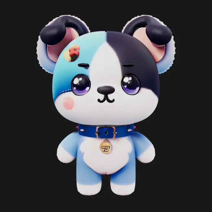 Cute patchwork teddy bear with a blue bow. smooth edges, complex geometry, game-ready, character, symmetric geometry.