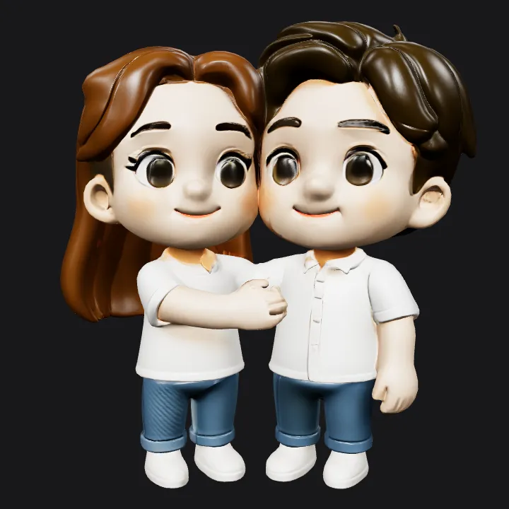 cartoon couple figurines standing together. smooth edges, simple geometry, character.