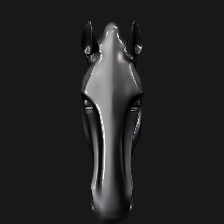 Stylized black horse head sculpture. smooth edges, simple geometry, symmetric geometry.