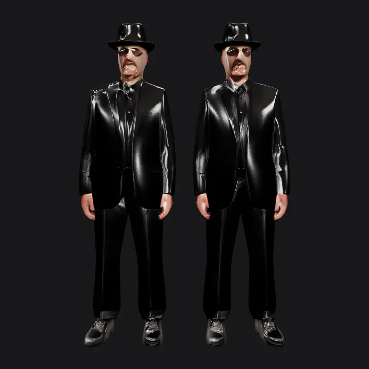 Man wearing formal black suit and hat. smooth edges, complex geometry, character, symmetric geometry.