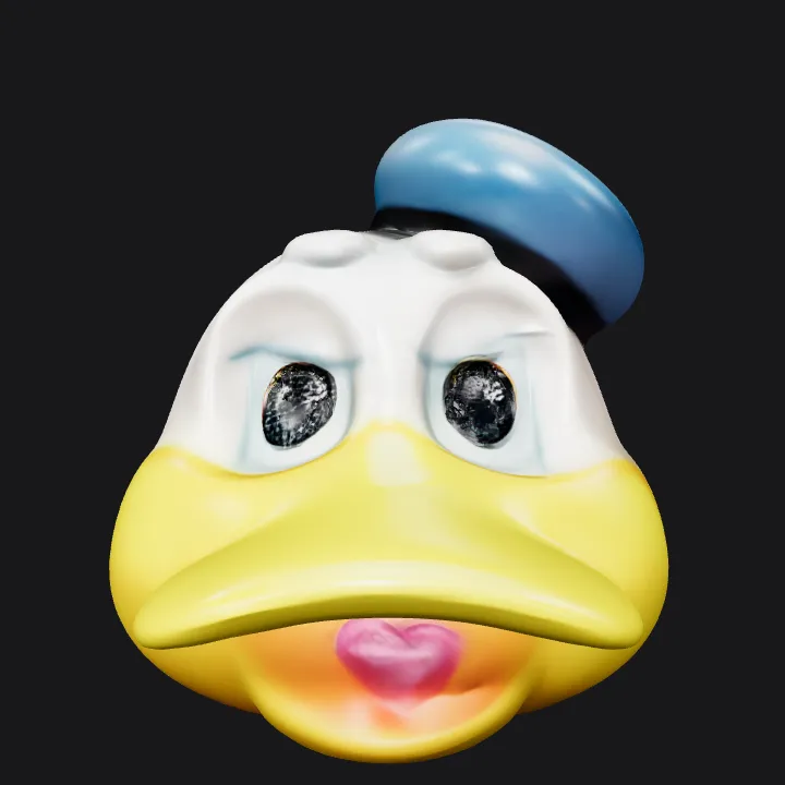 Cute duck character figurine with blue hat. smooth edges, simple geometry, game-ready, character, symmetric geometry.