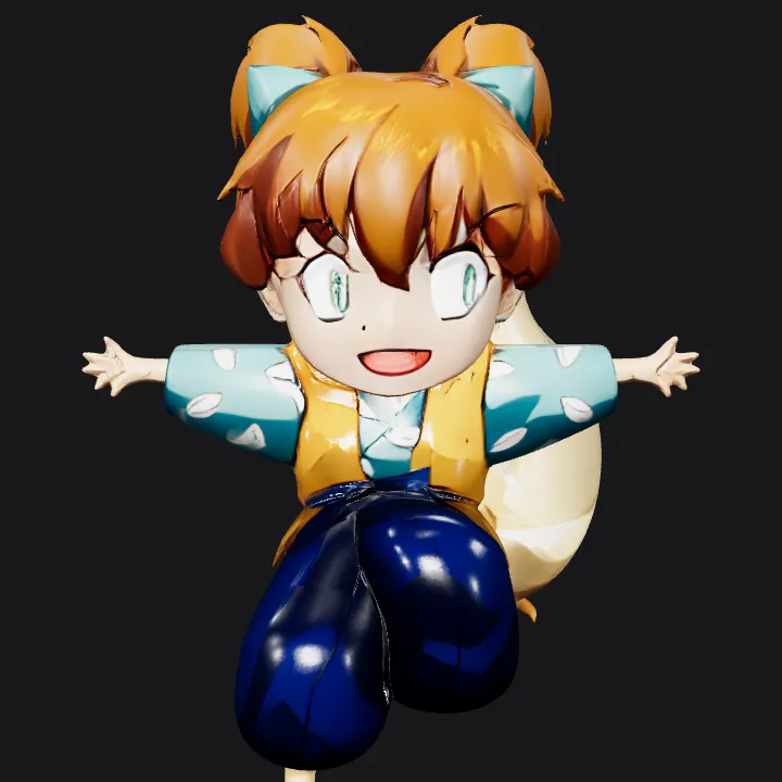 Anime-style fox girl jumping happily. smooth edges, complex geometry, game-ready, character.