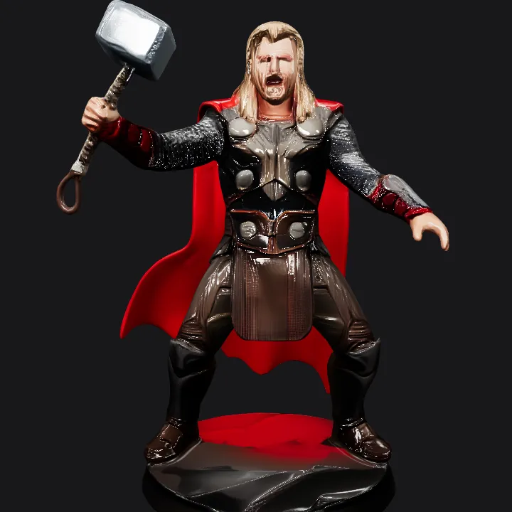 Figure of Thor holding a hammer. complex geometry, game-ready, smooth edges, character.