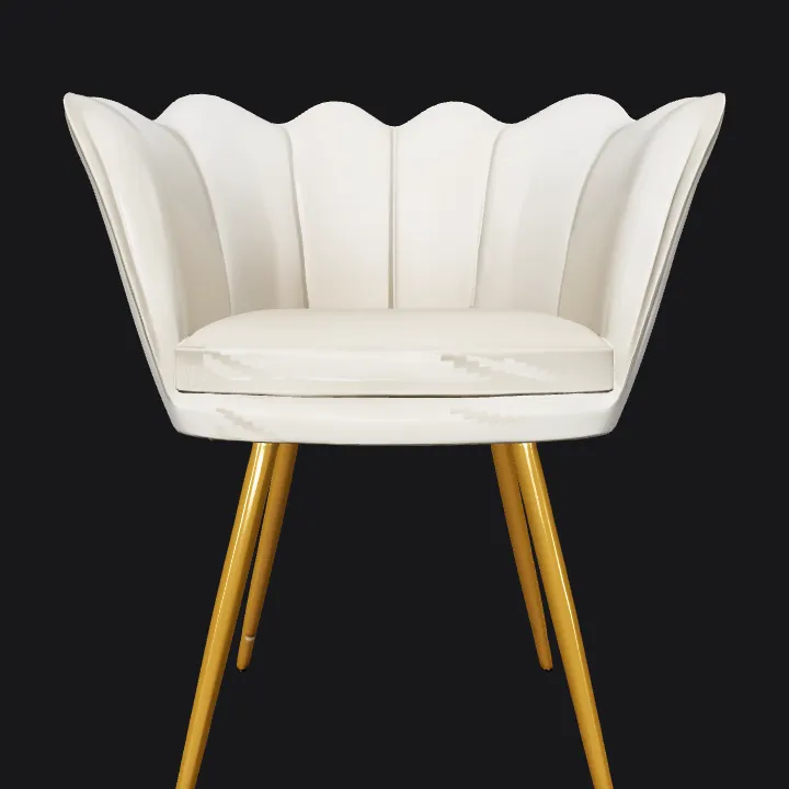 White scalloped accent chair with gold legs. smooth edges, simple geometry, symmetric geometry.