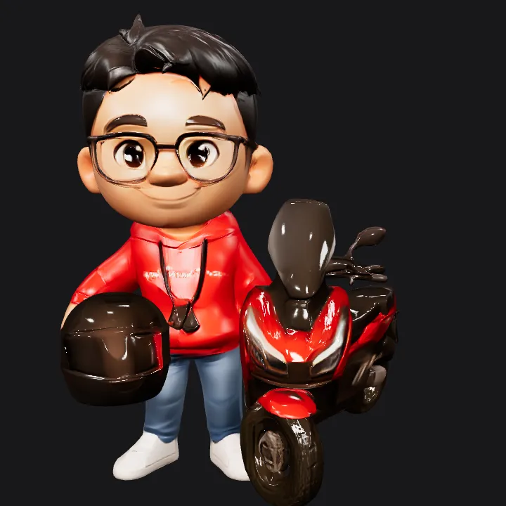 Cartoon boy with red hoodie and motorcycle. smooth edges, complex geometry, character.