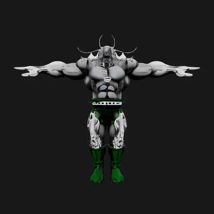 Muscular superhero with chains and boots. complex geometry, sharp edges, character.