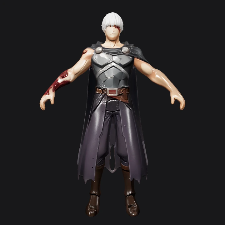 Armored fantasy warrior with cloak and white hair. complex geometry, smooth edges, character.