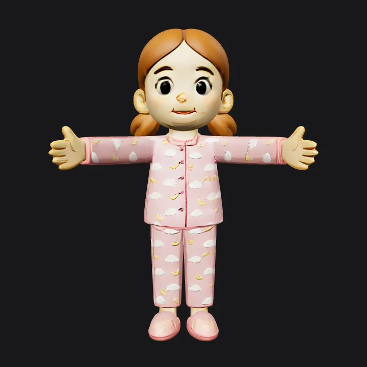 Young girl in pajamas, rear view. smooth edges, simple geometry, character, symmetric geometry.