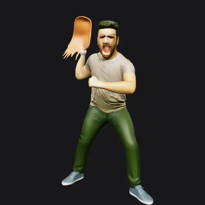 Man holding large red cartoonish object. smooth edges, complex geometry, character.