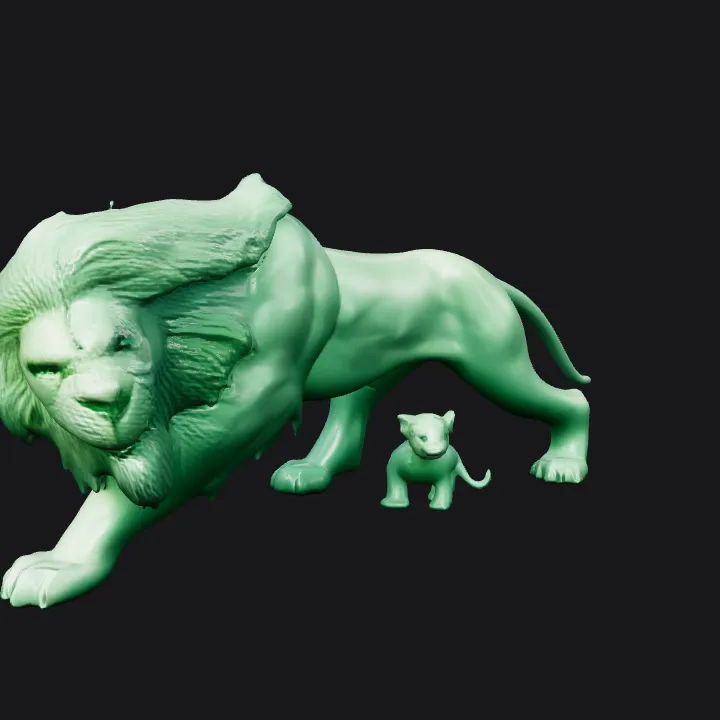 Green lion and cub in a pose. smooth edges, complex geometry, character.