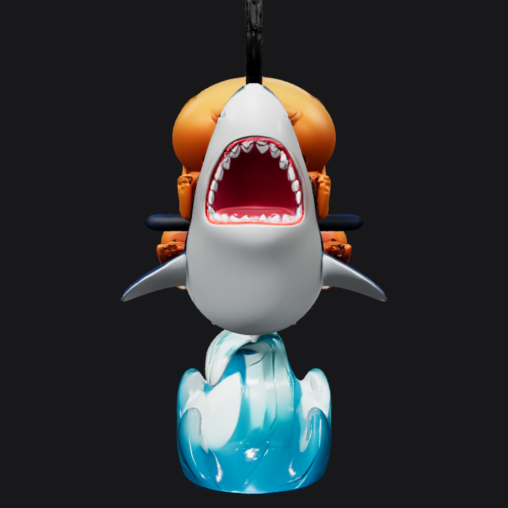 Cartoon character riding shark with chainsaw head. sharp edges, smooth edges, complex geometry, game-ready, character.