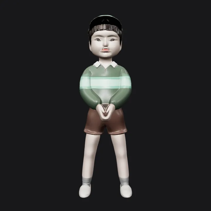 cartoon boy standing with hands in front. smooth edges, simple geometry, character, symmetric geometry.