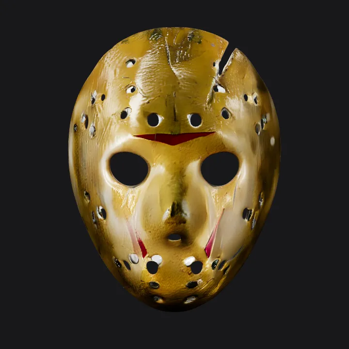 Hockey mask with holes and red markings. simple geometry, sharp edges, symmetric geometry.
