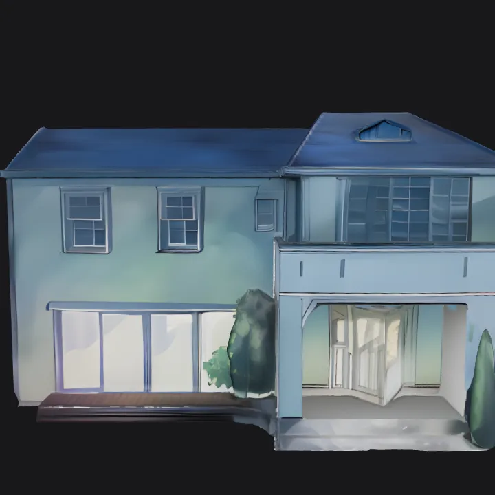 A modern two-story house. sharp edges, complex geometry.