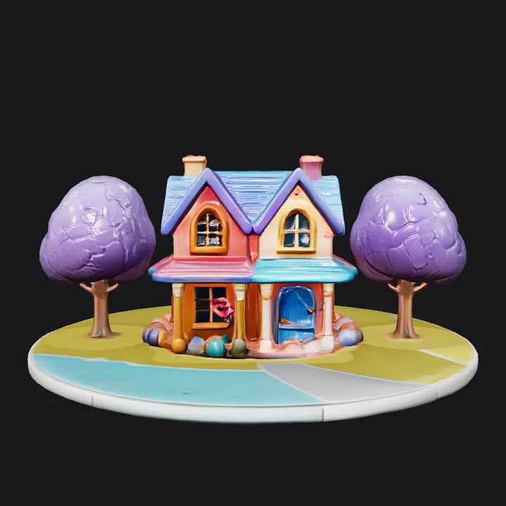 Colorful toy house with trees. smooth edges, simple geometry, game-ready, symmetric geometry.