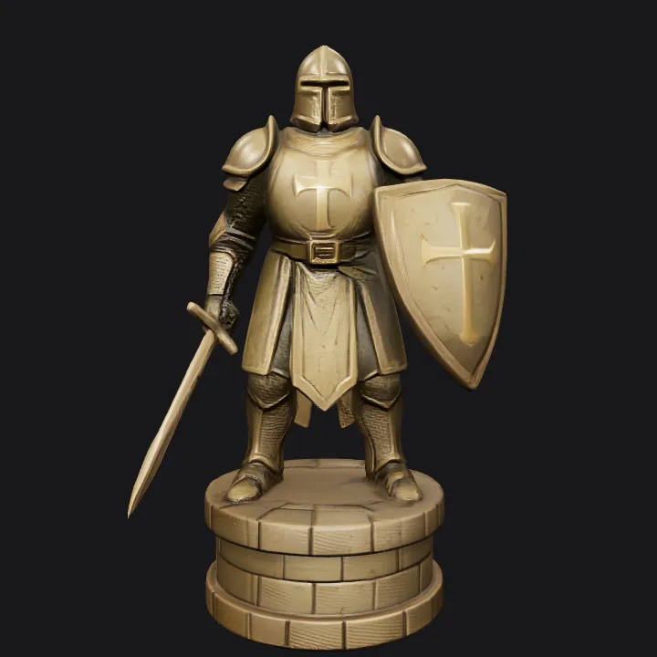 Medieval knight chess piece holding sword and shield. sharp edges, complex geometry, game-ready, character.