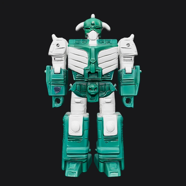 Green and white robot toy figure. sharp edges, simple geometry, game-ready, character, symmetric geometry.