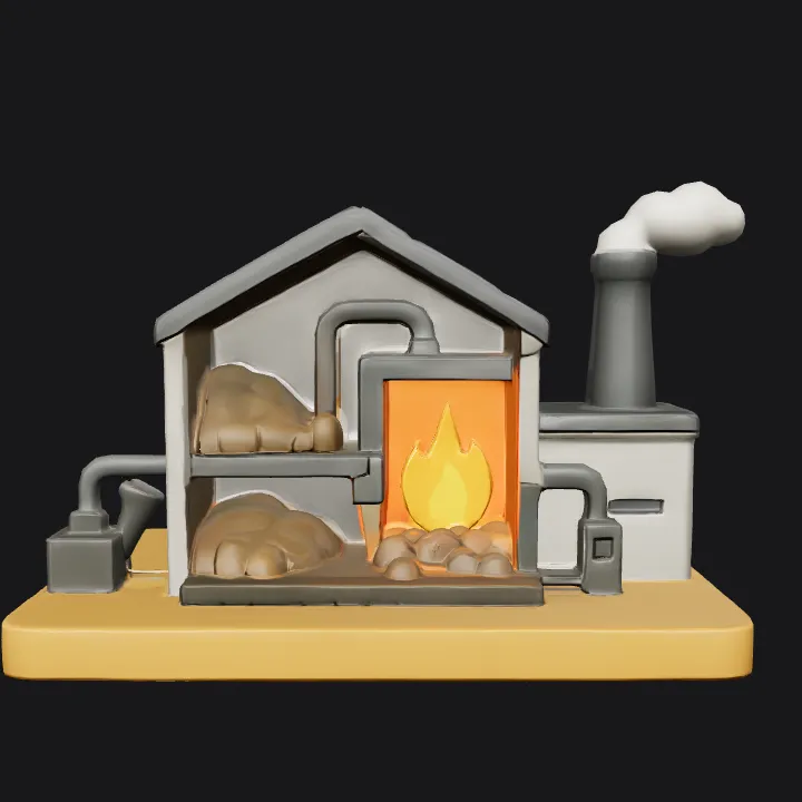 A stylized coal-fired furnace or factory. smooth edges, simple geometry, game-ready.