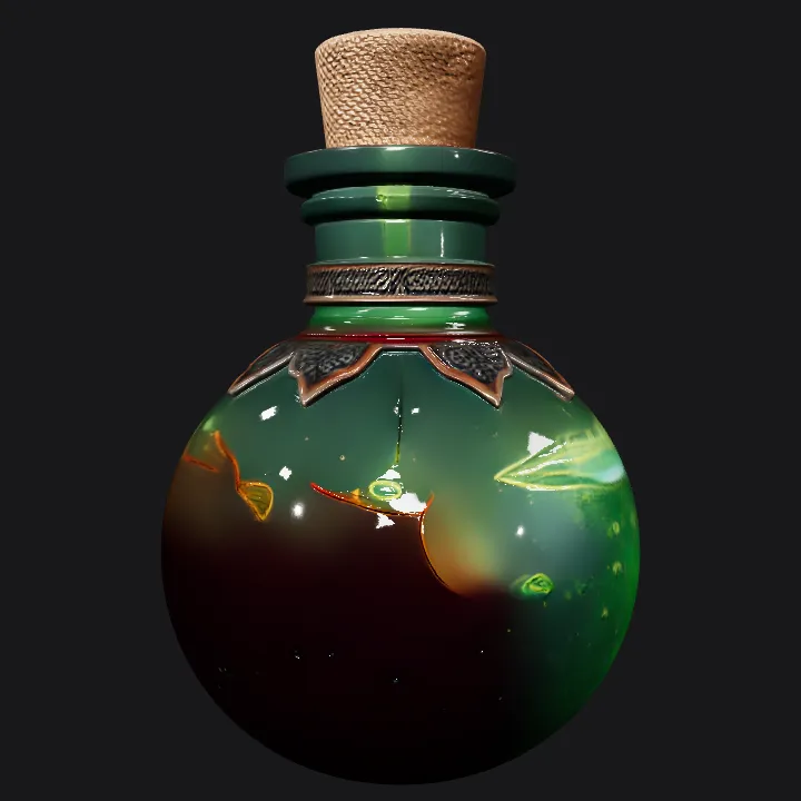 Magical green potion in a round bottle. smooth edges, simple geometry, game-ready, symmetric geometry.