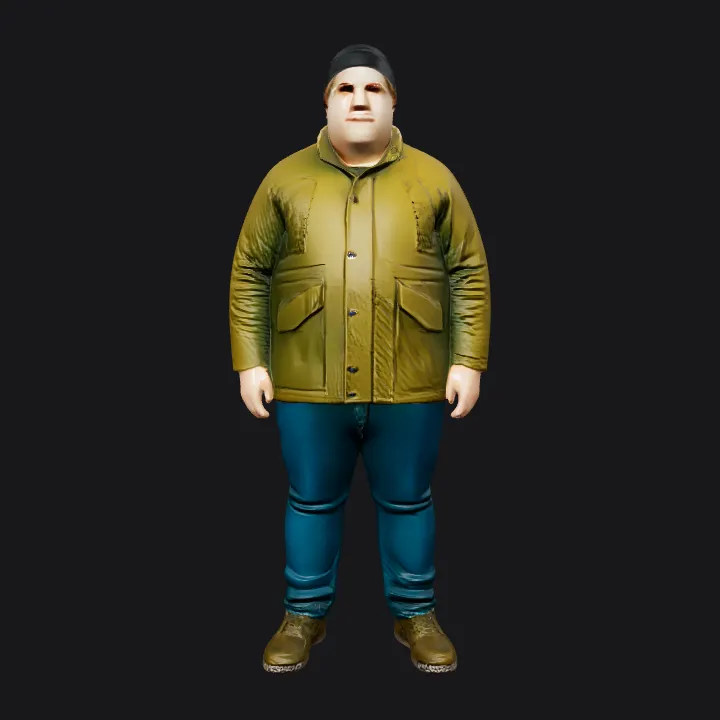 Adult wearing winter jacket and jeans. complex geometry, smooth edges, character.