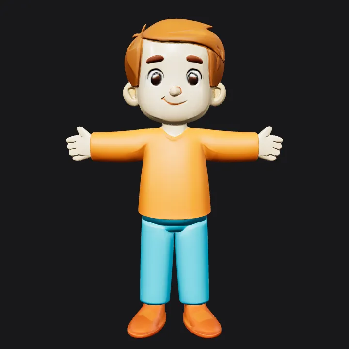 Cartoon boy with orange shirt. smooth edges, simple geometry, game-ready, character, symmetric geometry.