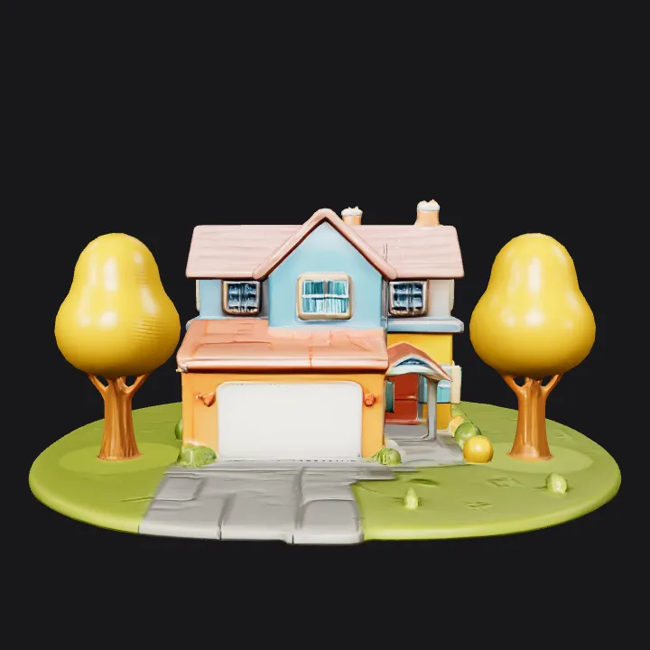 cartoon suburban family house with trees. smooth edges, simple geometry, game-ready, symmetric geometry.