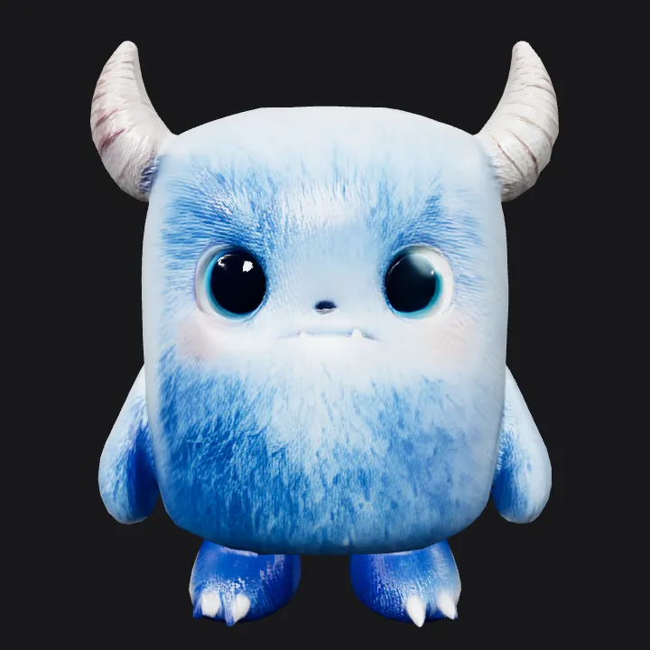 Fluffy blue cartoon monster with horns. smooth edges, simple geometry, game-ready, character, symmetric geometry.