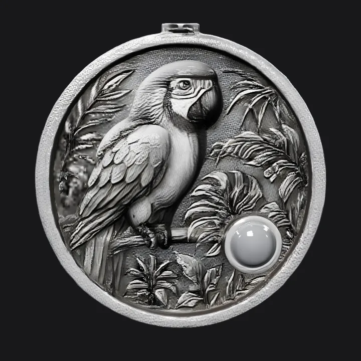 engraved coin with parrot and tropical plants. sharp edges, complex geometry.
