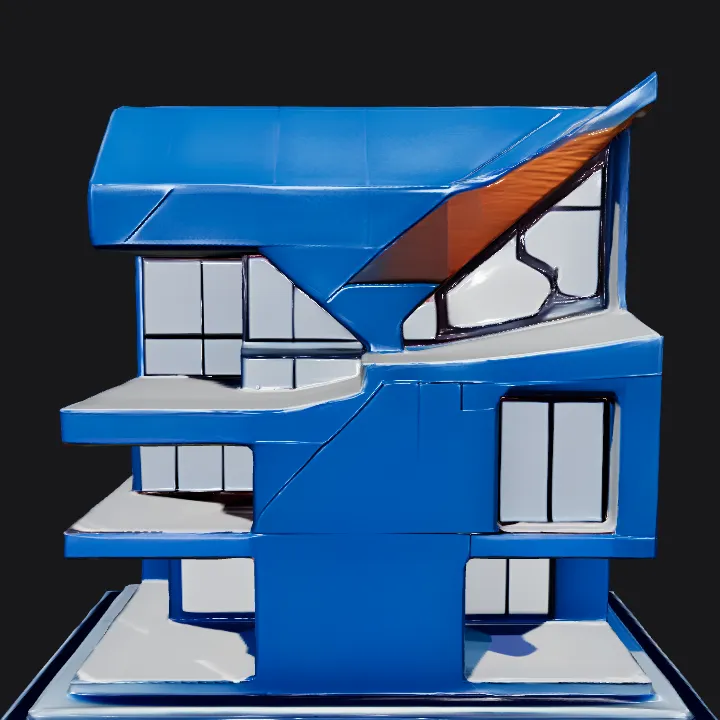 modern two-story house. sharp edges, complex geometry.