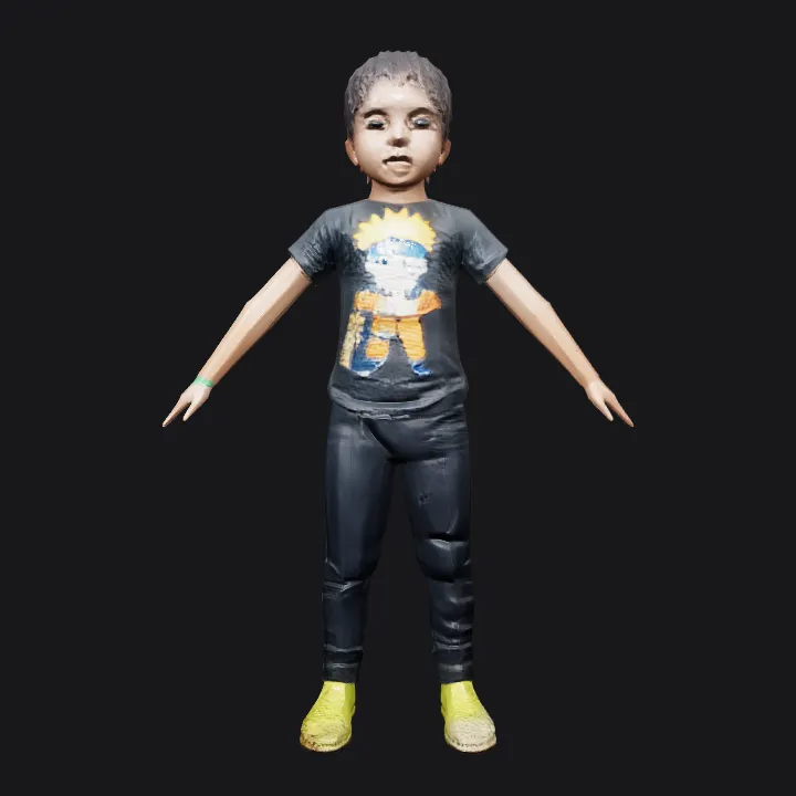 child standing wearing Naruto shirt. smooth edges, complex geometry, character, symmetric geometry.