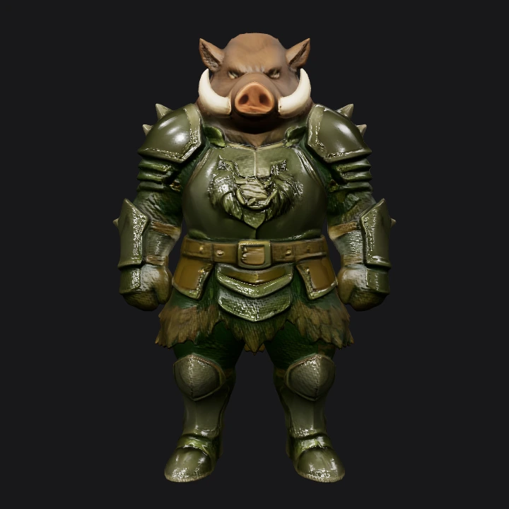 Armored humanoid boar warrior. complex geometry, game-ready, sharp edges, character.