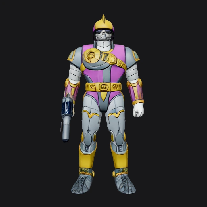 Armored humanoid robot with helmet and weapon. sharp edges, complex geometry, game-ready, character, symmetric geometry.